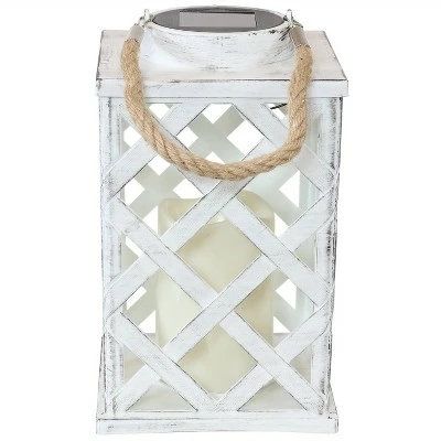 Sunnydaze Decor Sunnydaze Outdoor Modern Crosshatch Hanging Tabletop Solar LED Rustic Farmhouse Decorative Candle Lantern - 9" - White 7 Sunnydaze Decor Sunnydaze Outdoor Modern Crosshatch Hanging Tabletop Solar LED Rustic Farmhouse Decorative Candle Lantern - 9" - White - Image 5