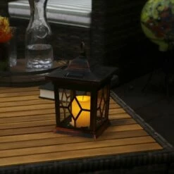 Sunnydaze Decor Sunnydaze Outdoor Lucien Hanging Tabletop Solar LED Rustic Farmhouse Decorative Candle Lantern - 9" - Copper