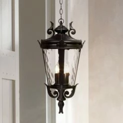 John Timberland Traditional Outdoor Ceiling Light Hanging Textured Black 23 3/4" Clear Hammered Glass Damp Rated for House Porch