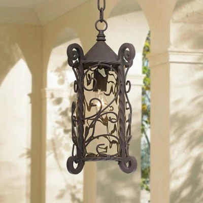 John Timberland Traditional Outdoor Light Hanging Dark Walnut Iron Scroll 15" Champagne Water Glass Damp Rated for Exterior Porch 3 John Timberland Traditional Outdoor Light Hanging Dark Walnut Iron Scroll 15" Champagne Water Glass Damp Rated for Exterior Porch