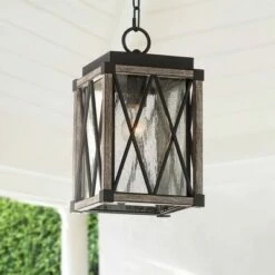 Possini Euro Design Rustic Outdoor Ceiling Light Hanging Bronze Wood Finish 14 1/2" Clear Seedy Glass Lantern Exterior House Porch Patio