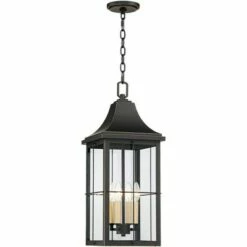 John Timberland Traditional Outdoor Hanging Light Fixture Black Warm Gold 24 3/4" Clear Glass Panels Exterior House Porch Patio -Outdoor Lighting Official Shop unnamed file 2213