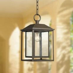 Franklin Iron Works Mission Outdoor Ceiling Light Hanging Bronze 16 3/4" Textured Glass Lantern for Exterior House Porch Patio
