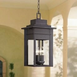 Franklin Iron Works Outdoor Ceiling Light Hanging Lantern Black Specked Gray 17 1/2" Clear Glass for Exterior House Porch Patio