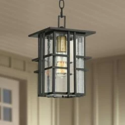 Possini Euro Design Modern Outdoor Ceiling Light Hanging Black Geometric Frame 12 1/2" Seedy Glass for Exterior House Porch Patio