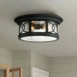 John Timberland Outdoor Ceiling Light Fixture Black 12" Seedy Glass for Exterior House Porch