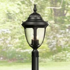 John Timberland Outdoor Post Light Fixture Black Colonial 24 1/2" Seeded Glass for Exterior Garden Yard Patio Driveway