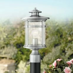 Franklin Iron Works Industrial Outdoor Post Light Fixture with Adaptor Chrome 15 1/2" Seedy Glass Damp Location for Exterior House