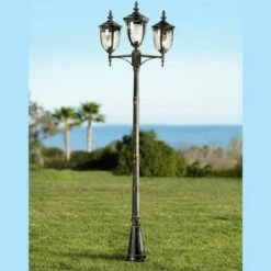 John Timberland Traditional Outdoor Post Light Street Lantern 3 Light Veranda Bronze 96" Clear Hammered Glass for Exterior Yard