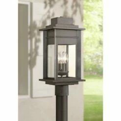 Franklin Iron Works Rustic Outdoor Post Light Fixture LED Black Specked Gray 35 1/2" Clear Glass for Exterior Garden Yard Driveway