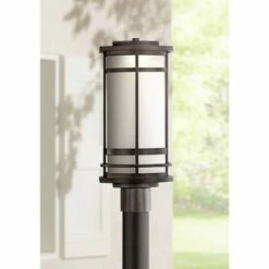 Possini Euro Design Modern Outdoor Post Light Fixture Bronze Metal 19" Etched Glass Shade for Exterior House Porch Patio Outside