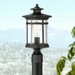 Franklin Iron Works Modern Outdoor Post Light Matte Black 16 1/4" Clear Seedy Glass Exterior House Porch Patio Outside Deck Garage