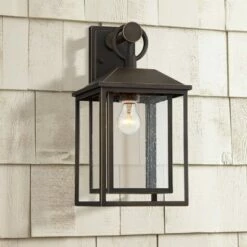 John Timberland Mission Outdoor Wall Light Fixture Bronze 18" Textured Glass for Exterior House Porch Patio Deck