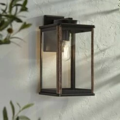 John Timberland Farmhouse Rustic Outdoor Wall Light Fixture Dark Bronze Wood Finish Grain 17" Glass Exterior House Porch Patio Outside