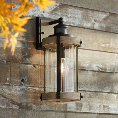 John Timberland Rustic Outdoor Wall Light Fixture Wood Finish Black 15 1/2" Pleated Glass Motion Sensor Exterior House Porch Patio Deck 3 John Timberland Rustic Outdoor Wall Light Fixture Wood Finish Black 15 1/2" Pleated Glass Motion Sensor Exterior House Porch Patio Deck