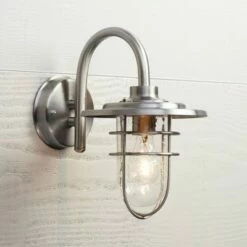 John Timberland Industrial Outdoor Wall Light Fixture Brushed Nickel 12 3/4" Caged Seeded Glass for House Porch Patio Barn