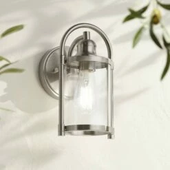 John Timberland Farmhouse Outdoor Lantern Wall Light Fixture Brushed Nickel 10 1/4" Clear Glass Damp Rated for Exterior House