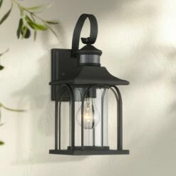 John Timberland Mission Outdoor Wall Light Fixture Textured Black 14 1/4" Clear Glass Motion Sensor for Exterior House Porch Patio