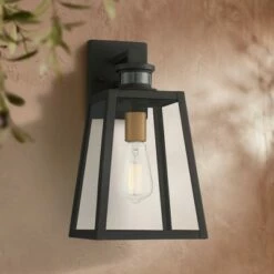John Timberland Industrial Outdoor Wall Light Fixture Black 14 3/4" Clear Glass Dusk To Dawn Motion Sensor Exterior Porch Patio