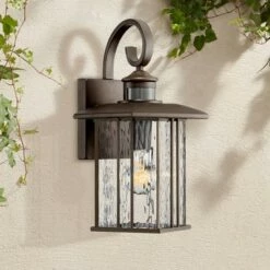 John Timberland Modern Outdoor Wall Fixture Bronze 15 1/4" Clear Water Glass Lantern Dusk to Dawn Motion Security Sensor for Exterior Porch