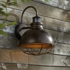 John Timberland Industrial Outdoor Wall Light Fixture Urban Barn Oiled Bronze 14" Round Cage Motion Security Sensor for House Porch Patio