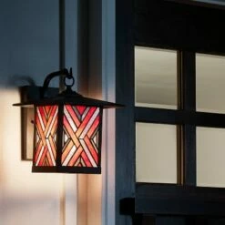 11.75" Stained Glass 1-Light Geometric Bronze Outdoor Lantern Wall Sconce - River of Goods