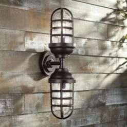 John Timberland Nautical Outdoor Wall Light Fixture Painted Bronze Cage 22 1/2" Clear Glass Up Down for Exterior House Porch Patio