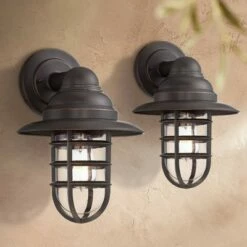 John Timberland Industrial Farmhouse Outdoor Barn Light Wall Fixtures Set of 2 Bronze 13 1/4" Metal Cage Clear Glass for Exterior House