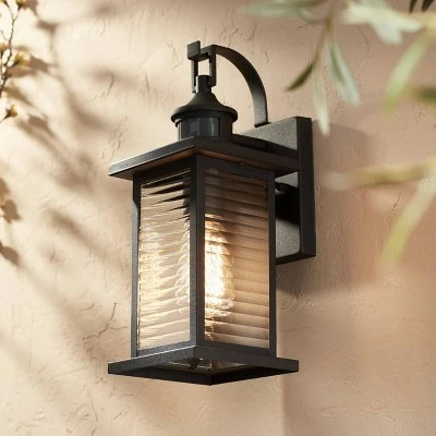 John Timberland Mission Outdoor Wall Light Fixture Textured Black 13 3/4" Clear Stripped Glass Motion Security Sensor for Porch Entryway 3 John Timberland Mission Outdoor Wall Light Fixture Textured Black 13 3/4" Clear Stripped Glass Motion Security Sensor for Porch Entryway