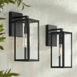 John Timberland Modern Outdoor Wall Lights Fixtures Set of 2 Mystic Black Damp Rated 14" Clear Glass Exterior House Porch Patio