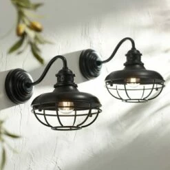 Franklin Iron Works Vintage Industrial Outdoor Barn Wall Light Fixtures Set of 2 Black Iron 9" Gooseneck Arm Glass Exterior House