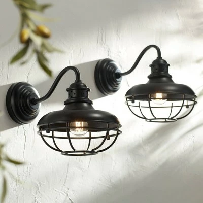 Franklin Iron Works Vintage Industrial Outdoor Barn Wall Light Fixtures Set of 2 Black Iron 9" Gooseneck Arm Glass Exterior House 3 Franklin Iron Works Vintage Industrial Outdoor Barn Wall Light Fixtures Set of 2 Black Iron 9" Gooseneck Arm Glass Exterior House