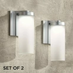 Possini Euro Design Modern Outdoor Wall Light Fixtures Set of 2 LED Silver 10 1/2" Open Bottom Frosted Glass for House Porch Patio