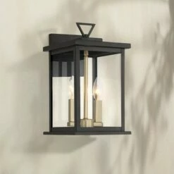 Possini Euro Design Modern Outdoor Wall Light Fixture Black Gold 14" Clear Glass for Exterior House Porch Patio Deck