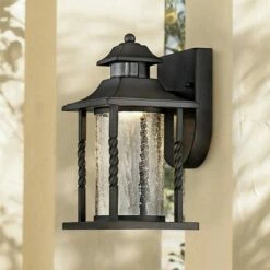 John Timberland Outdoor Wall Light Fixture LED Black Lantern 11 1/2" Clear Crackled Glass Dusk to Dawn Motion Sensor for House