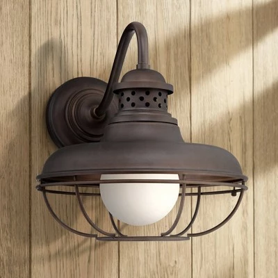 Franklin Iron Works Farmhouse Outdoor Barn Light Wall Fixture Oiled Bronze Open Cage 16" White Glass Orb Diffuser for Exterior House 3 Franklin Iron Works Farmhouse Outdoor Barn Light Wall Fixture Oiled Bronze Open Cage 16" White Glass Orb Diffuser for Exterior House
