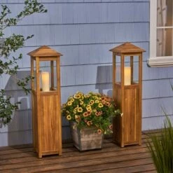 2pk Claudine 47" Standing Acacia Wood Candle Outdoor Lanterns Teak - Christopher Knight Home