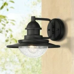 Franklin Iron Works Industrial Outdoor Wall Light Fixture Matte Black 8 1/2" LED Seedy Glass Damp Rated Exterior House Porch Patio