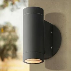 Possini Euro Design Modern Outdoor Wall Light Fixture Matte Black Cylinder 6 1/2" Tempered Glass Lens Up Down for Exterior House
