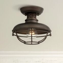 Franklin Iron Works Rustic Outdoor Ceiling Light Fixture Bronze 8 1/2" Caged for Exterior Entryway Porch