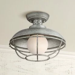 Franklin Iron Works Rustic Farmhouse Outdoor Ceiling Light Galvanized Steel Cage 12" White Glass Orb for Exterior House Porch
