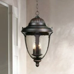 John Timberland Traditional Outdoor Ceiling Light Hanging Lantern Bronze 20 1/2" Seedy Glass Damp Rated for Exterior Porch Patio