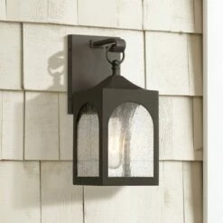 Possini Euro Design Modern Outdoor Wall Light Fixture Bronze 12" Seedy Glass Lantern for Exterior House Porch Patio Deck