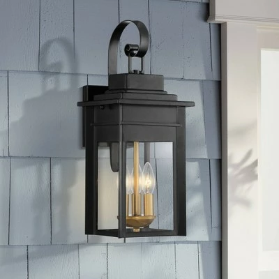 Franklin Iron Works Industrial Outdoor Wall Light Fixture Warm Brass Black Metal 19" Clear Glass Exterior House Patio Outside Deck 2 Franklin Iron Works Industrial Outdoor Wall Light Fixture Warm Brass Black Metal 19" Clear Glass Exterior House Patio Outside Deck