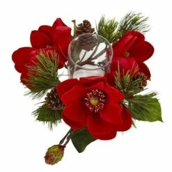 Nearly Natural Red Magnolia and Pine Candelabrum - Red