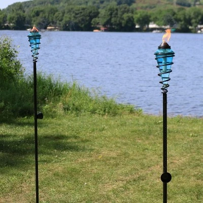 Sunnydaze Decor Sunnydaze Outdoor Adjustable Height Glass and Metal Swirl Patio Table and Lawn Citronella Torch Set - Blue - 4pk 3 Sunnydaze Decor Sunnydaze Outdoor Adjustable Height Glass and Metal Swirl Patio Table and Lawn Citronella Torch Set - Blue - 4pk