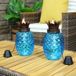 Sunnydaze Decor Sunnydaze Outdoor Adjustable Height 3-in-1 Glass Tropical Pineapple Torches with Connected Snuffs and Metal Poles - Blue - 2pk