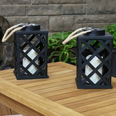 Sunnydaze Decor Sunnydaze Outdoor Modern Crosshatch Hanging Tabletop Solar LED Rustic Farmhouse Decorative Candle Lantern - 9" - Black - 2pk 4 Sunnydaze Decor Sunnydaze Outdoor Modern Crosshatch Hanging Tabletop Solar LED Rustic Farmhouse Decorative Candle Lantern - 9" - Black - 2pk - Image 2